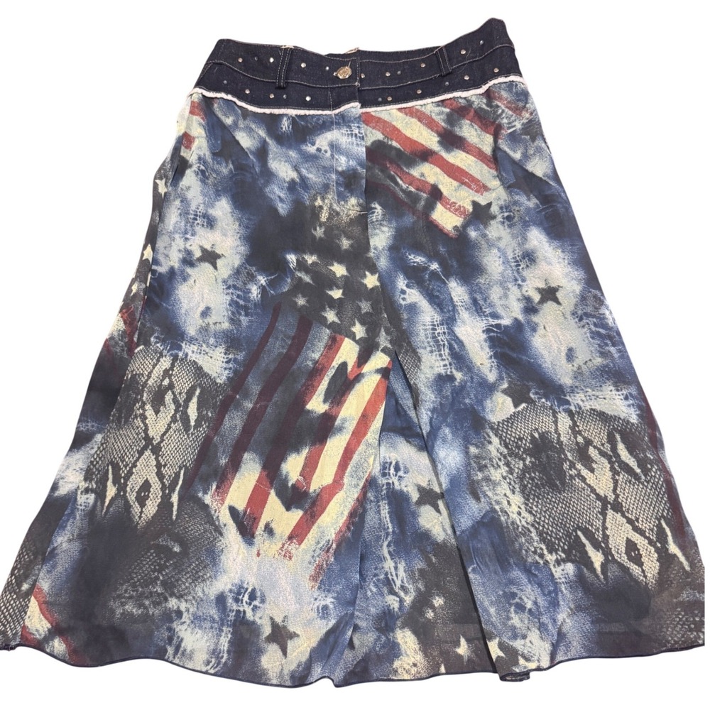 Sharagano Paris Y2K Americana Snakeskin Rhinestone Jean Waist Midi Skirt T1‎